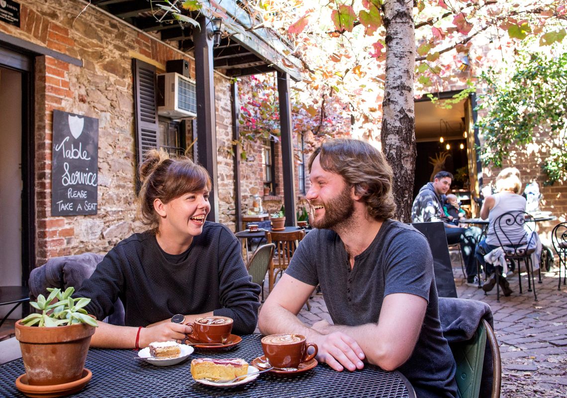 Couple enjoying a relaxing breakfast in Alby + Esters in Mudgee, Country NSW