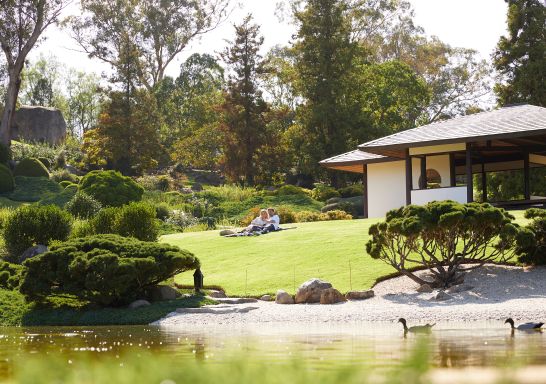 Couple enjoying a picnic in the scenic Cowra Japanese Garden, Cowra