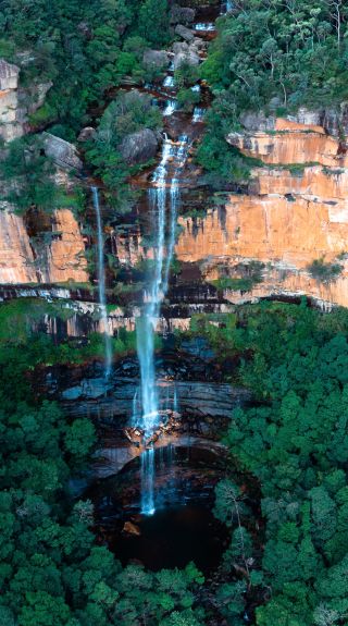 Aerial overlooking a waterfall, Blue Mountains National Park