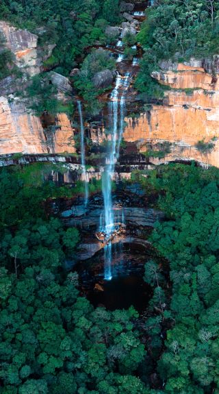 Aerial overlooking a waterfall, Blue Mountains National Park