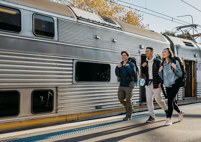 Friends walking along the platform at Katoomba Railway Station, Katoomba