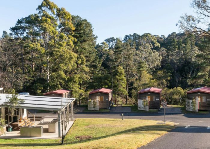 View of the park cabins with bbq at Blackheath Tourist Park, Blackheath