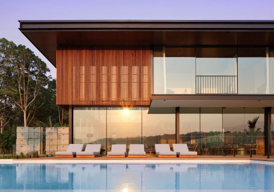 Pool and hotel facade at Soma Byron Bay, Byron Bay