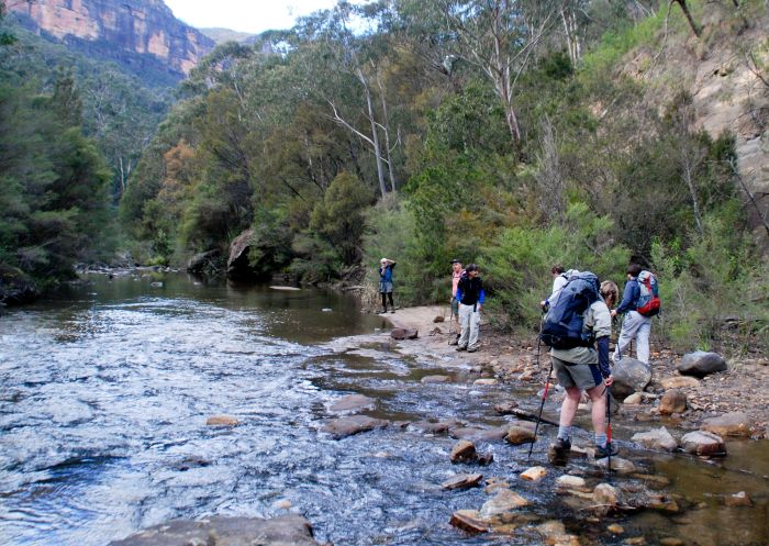 Grose River Crossing Acacia Flat, Blue Mountains National Park People enjoying hike to Grose River Crossing Acacia Flat, Blue Mountains National Park