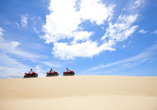 Quad bikes tour the Stockton Bight sand dunes in Port Stephens, NSW